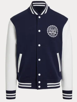 Polo Ralph Lauren US Open 2026 Breland Crest Double-Knit Blue And White Varsity Jacket front view