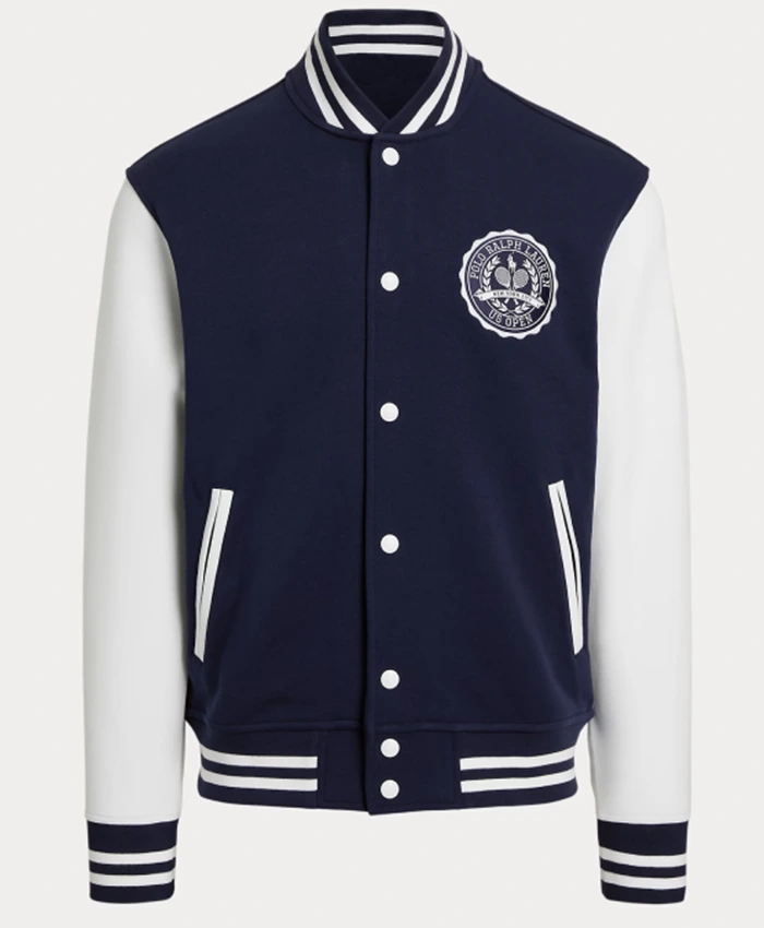 Polo Ralph Lauren US Open 2026 Breland Crest Double-Knit Blue And White Varsity Jacket front view