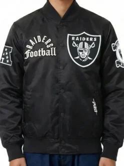 Pro Standard NFL Las Vegas Raiders Original Black And White Satin Varsity Jacket front view