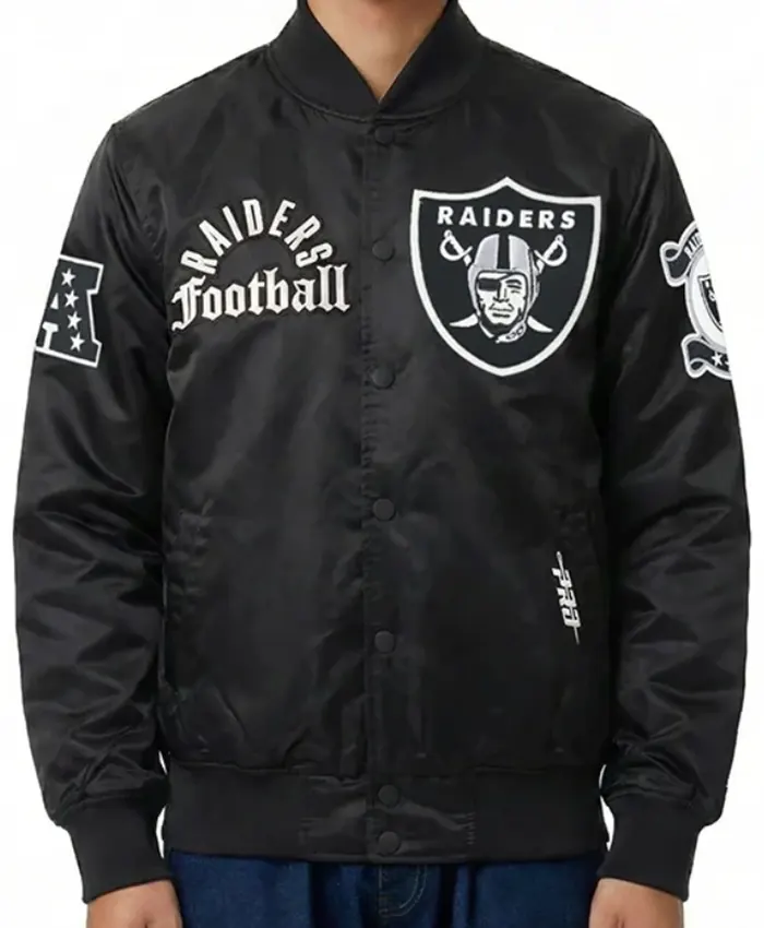 Pro Standard NFL Las Vegas Raiders Original Black And White Satin Varsity Jacket front view
