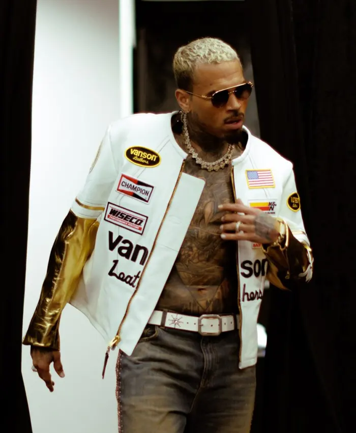 RB Tour Chris Brown Vanson Leathers White and Gold Leather Jacket