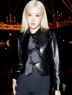 ROSÉ Saint Laurent Spring-Summer 2027 Paris Fashion Week Black Leather Jacket front view