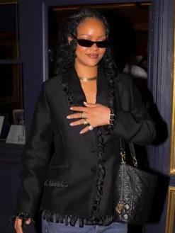 Rihanna 2026 Leaving Business Dinner Paris Thursday Night Black Cotton Jacket front view