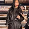 Rihanna The Frankie Shop Carnaby Funnel Neck Burgundy Leather Jacket For Sale