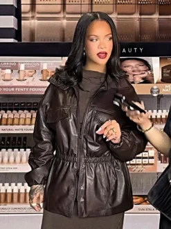 Rihanna The Frankie Shop Carnaby Funnel Neck Burgundy Leather Jacket For Sale