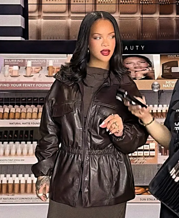Rihanna The Frankie Shop Carnaby Funnel Neck Burgundy Leather Jacket For Sale