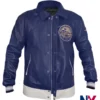 Riz Ahmed TV-Series Bait Season 01 Shah Latif Blue Leather Varsity Jacket front view