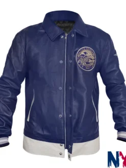 Riz Ahmed TV-Series Bait Season 01 Shah Latif Blue Leather Varsity Jacket front view
