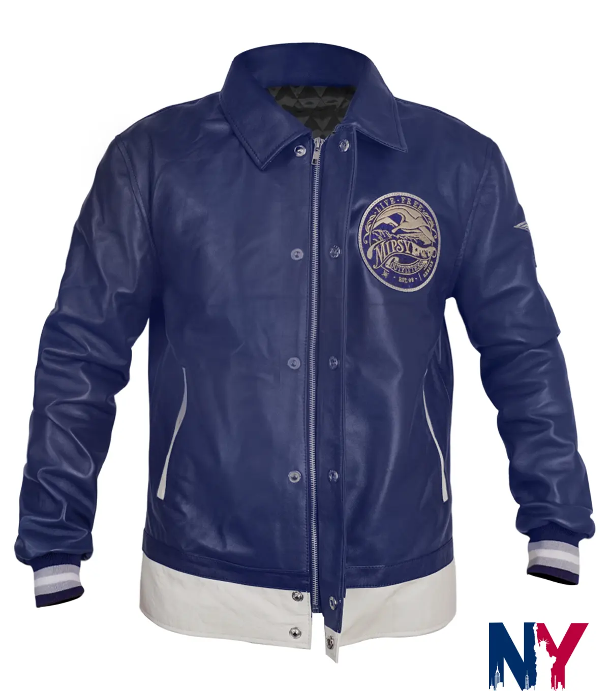 Riz Ahmed TV-Series Bait Season 01 Shah Latif Blue Leather Varsity Jacket front view