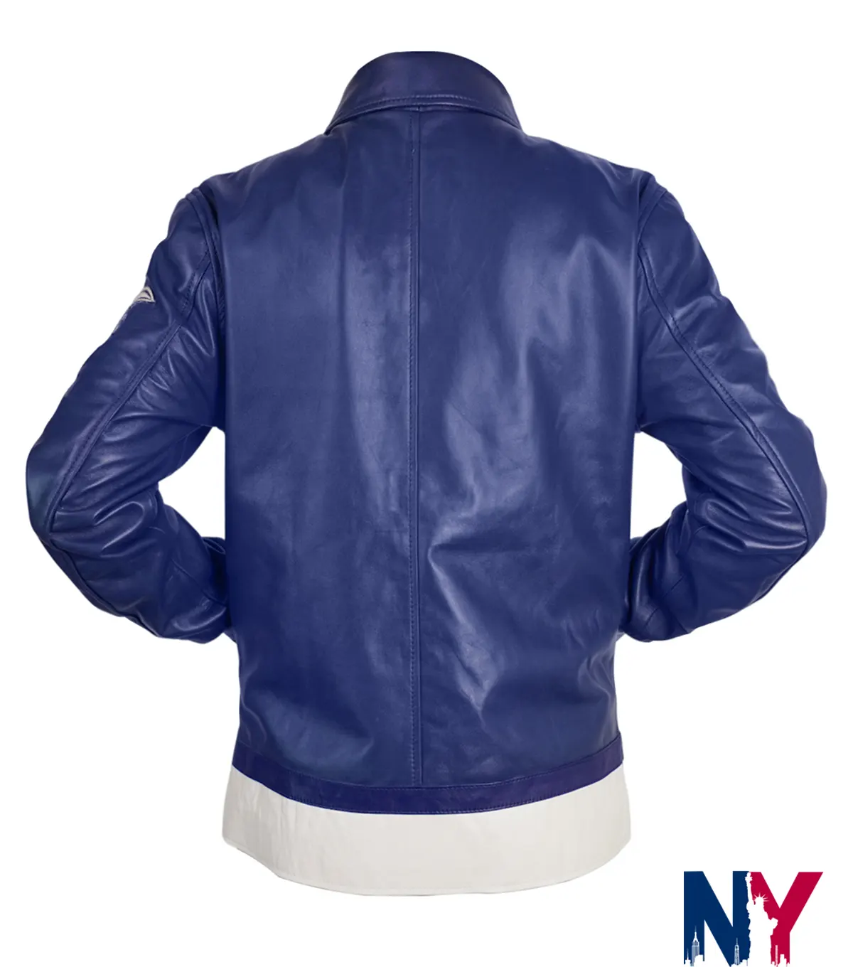 Riz Ahmed TV-Series Bait Season 01 Shah Latif Blue Varsity Leather Jacket back view