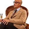 Roger Movie Masterplan 2026 Stanley Tucci Brown Knitted Cardigan Jacket Side