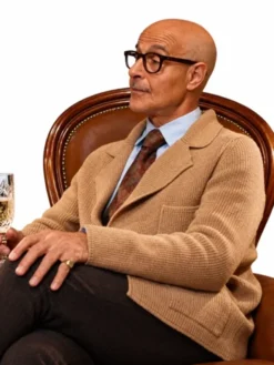 Roger Movie Masterplan 2026 Stanley Tucci Brown Knitted Cardigan Jacket Side