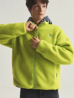 SPAO Tamagotchi Lime-Green Fleece Sherpa Zip-Up Track Jacket front view