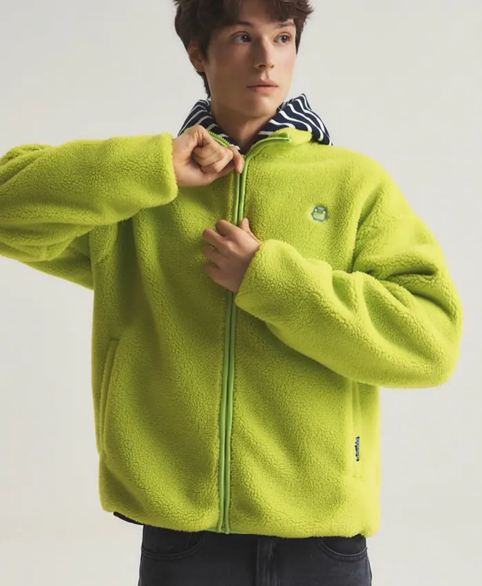 SPAO Tamagotchi Lime-Green Fleece Sherpa Zip-Up Track Jacket front view
