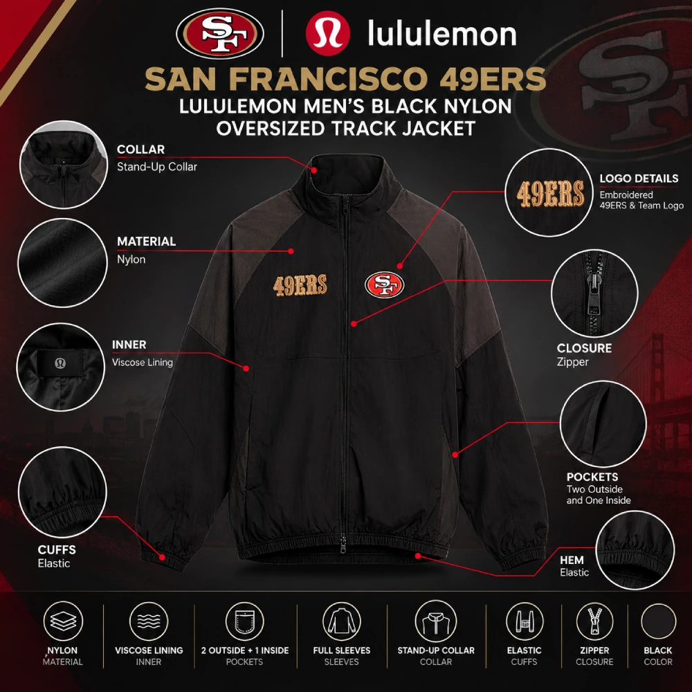 San Francisco 49ers lululemon Men’s Black Nylon Oversized Track Jacket-Infographic