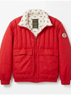 Shop 1987 Gucci Red Parachute Puffer Chevron Track Quilted Jacket front view