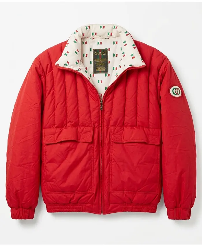 Shop 1987 Gucci Red Parachute Puffer Chevron Track Quilted Jacket front view