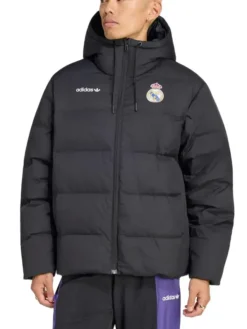 Shop 2627 Men's Adidas Real Madrid EQT Black Puffer Jacket With Hood