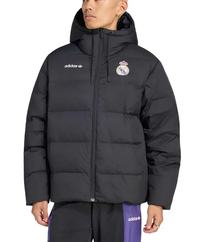 Shop 2627 Men's Adidas Real Madrid EQT Black Puffer Jacket With Hood