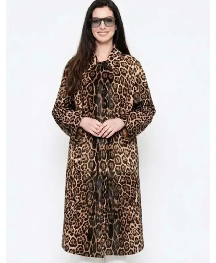 Shop Anne Hathaway Movie The Devil Wears Prada 2 2026 Press Tour Leopard Print On Fur Trench Coat