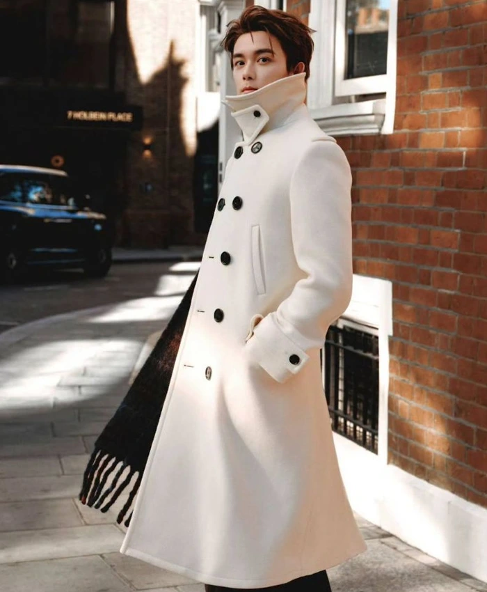 Shop Burberry Brand Ambassador Wu Lei White Long Coat For Sale