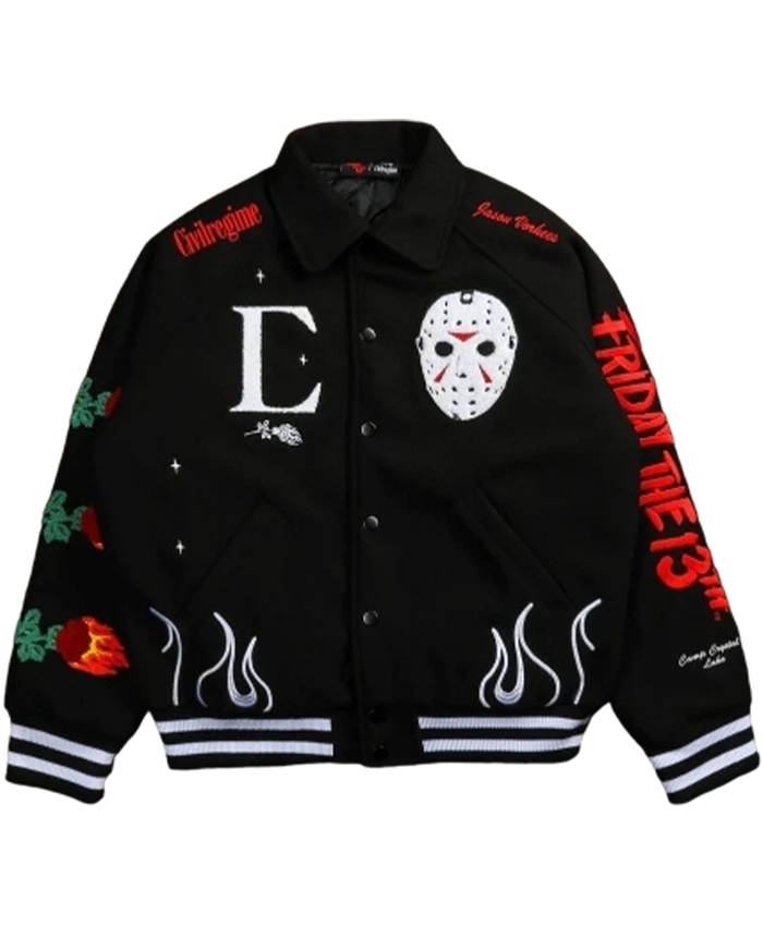 Shop Civil Regime x Friday The 13th Jason Voorhees Black Wool Letterman Varsity Jacket