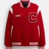 Shop Coach Vibrant Red C Patch 41 Wool Varsity Bomber Jacket front view