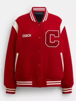Shop Coach Vibrant Red C Patch 41 Wool Varsity Bomber Jacket front view