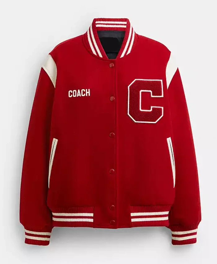 Shop Coach Vibrant Red C Patch 41 Wool Varsity Bomber Jacket front view