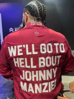 Shop Drake We’ll Go To Hell Bout Johnny Manziel Red Satin Jacket back view