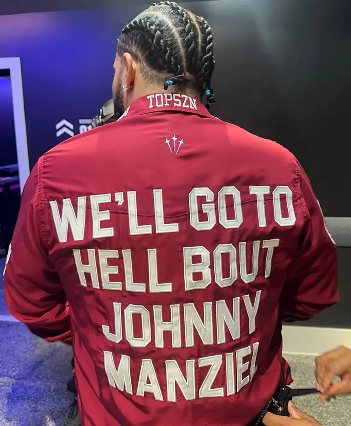 Shop Drake We’ll Go To Hell Bout Johnny Manziel Red Satin Jacket back view