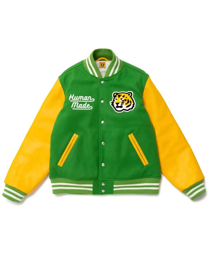 Shop Human Made Green-Yellow Letterman Varsity Jacket For Sale