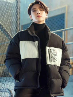 Shop Jungkook BTS x Fila Black Puffer Jacket For Sale