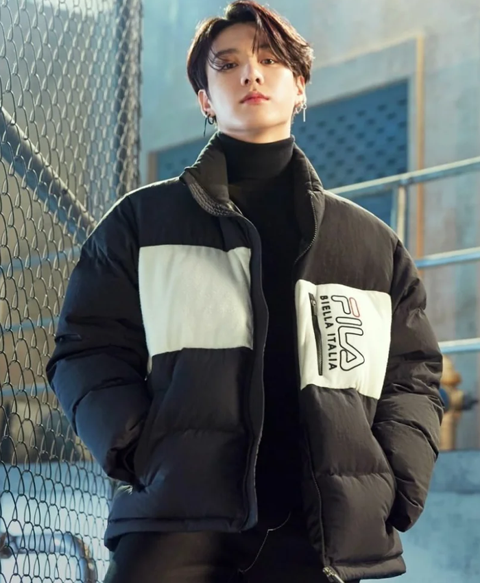 Shop Jungkook BTS x Fila Black Puffer Jacket For Sale