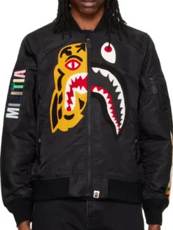 Shop Mens BAPE Tiger Shark Bomber Black Jacket For Sale