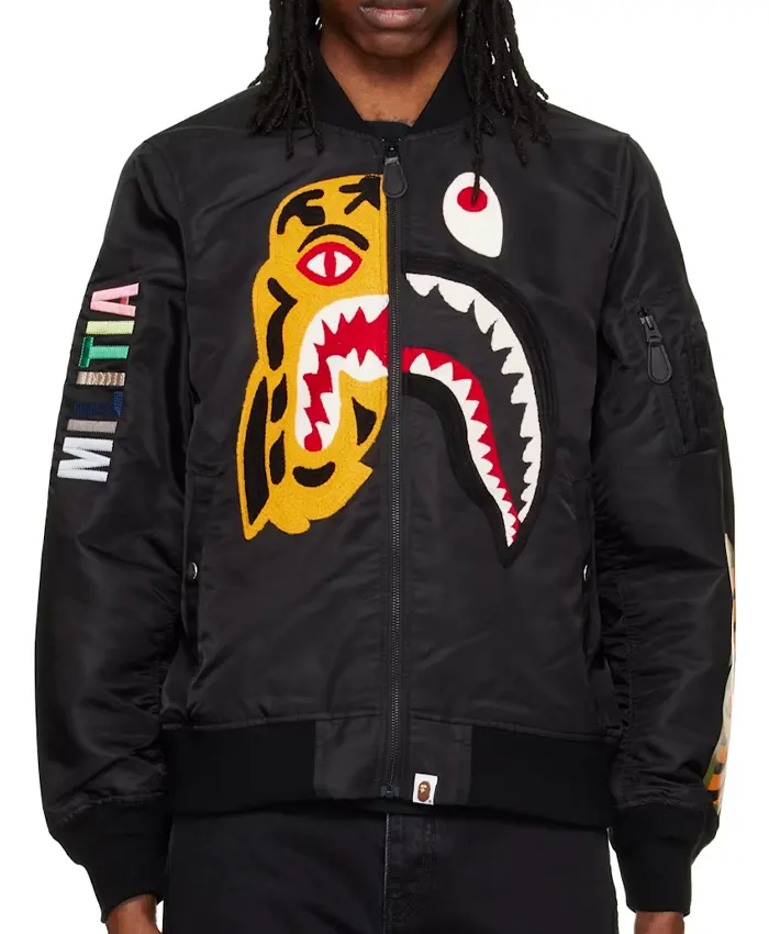 Shop Mens BAPE Tiger Shark Bomber Black Jacket For Sale