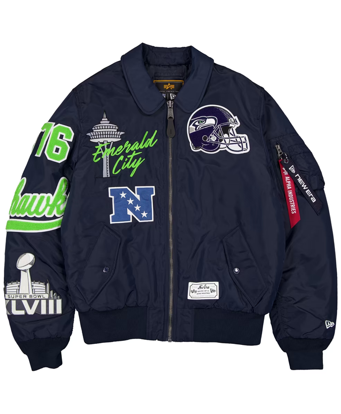 Shop Men's Seattle Seahawks New Era x Alpha Industries Navy MA-1 Full-Zip Bomber Jacket