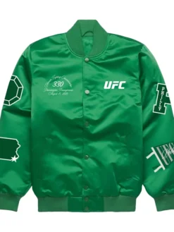 Shop Men's UFC 330 Full-Snap Green Satin Bomber Varsity Jacket For Sale