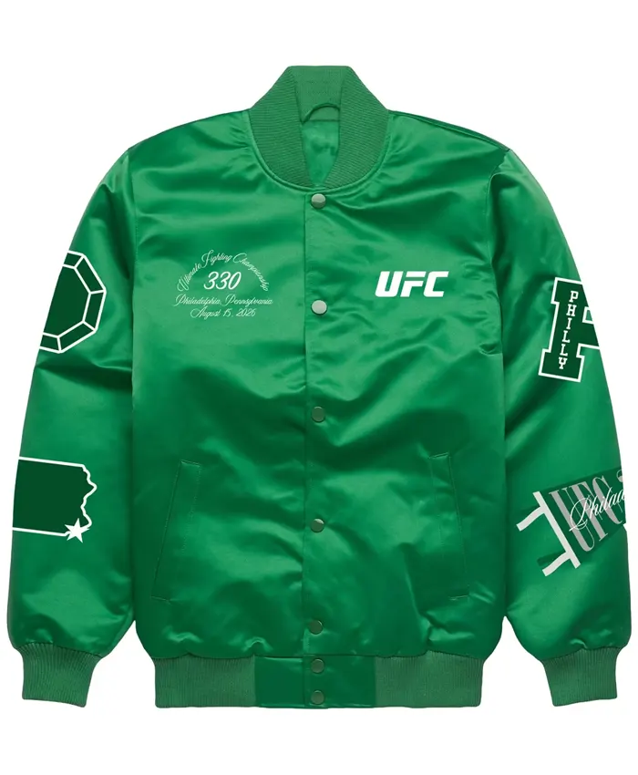 Shop Men's UFC 330 Full-Snap Green Satin Bomber Varsity Jacket For Sale