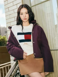 Shop Now Jisoo Tommy Hilfiger Crest Embroidered Square Quilted Jacket With Hood