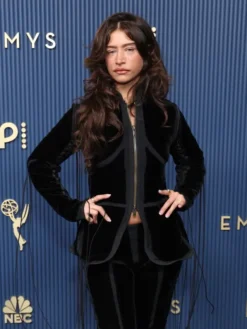 Shop Odessa A’zion Emmy Awards 2026 Black Velvet Fringed Jacket For Sale