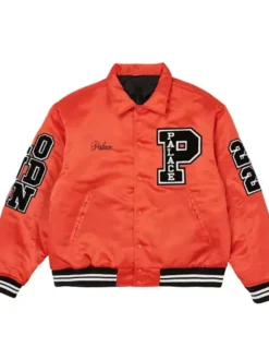 Shop Palace Orange Satin Bomber Letterman Varsity Jacket For Sale