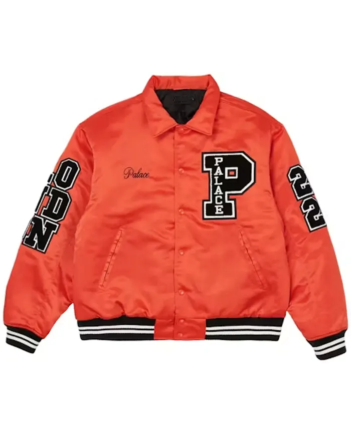 Shop Palace Orange Satin Bomber Letterman Varsity Jacket For Sale