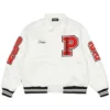 Shop Palace White Satin Bomber Letterman Varsity Jacket For Sale