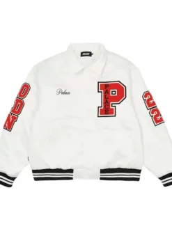 Shop Palace White Satin Bomber Letterman Varsity Jacket For Sale