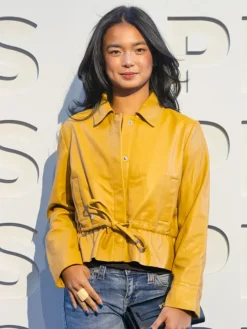 Shop US Open Event Alex Eala Mustard Leather Jacket For Sale