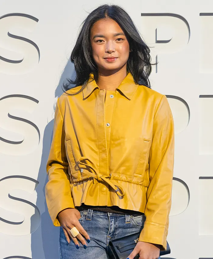 Shop US Open Event Alex Eala Mustard Leather Jacket For Sale