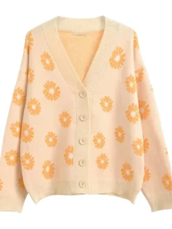 Shop Women's Floral Beige Knit Cardigan Sweater For Sale