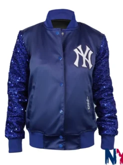 Shop Women's NFL New York Yankees Show Time Satin & Sequin Jacket front view