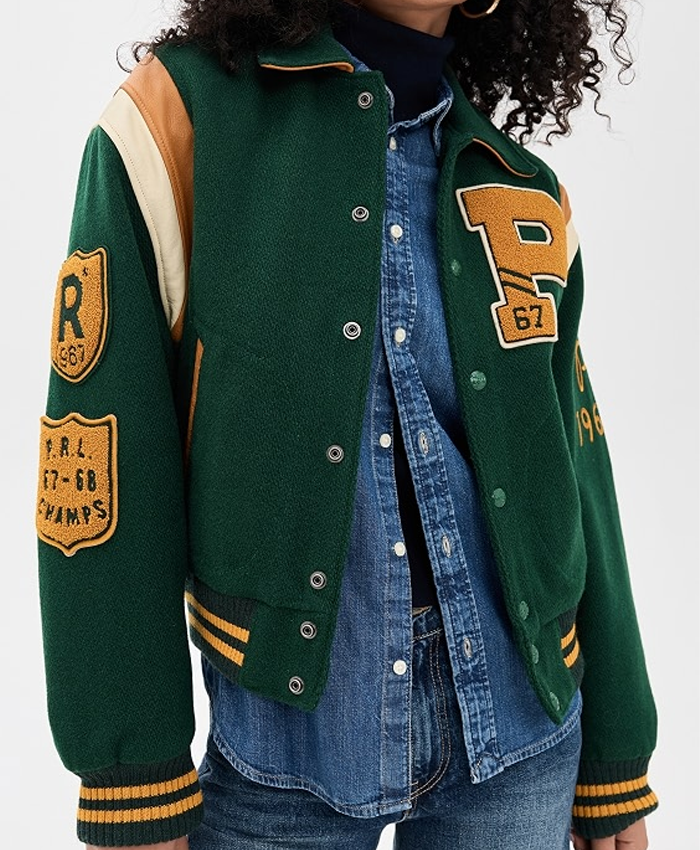 Shop Womens Polo Ralph Lauren Green Wool-blend Letterman Varsity Jacket